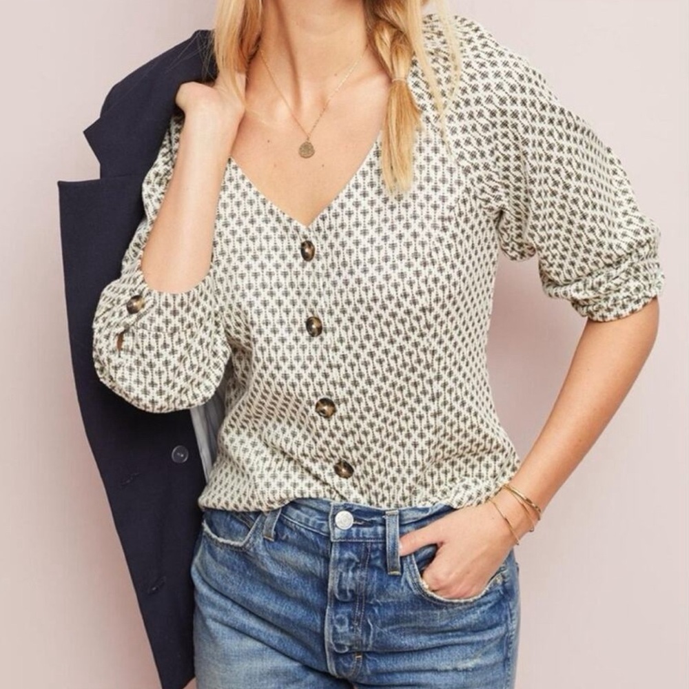Anthropologie Ett Twa White Black Coralie Button Front Shirt Gold Puff Sleeves